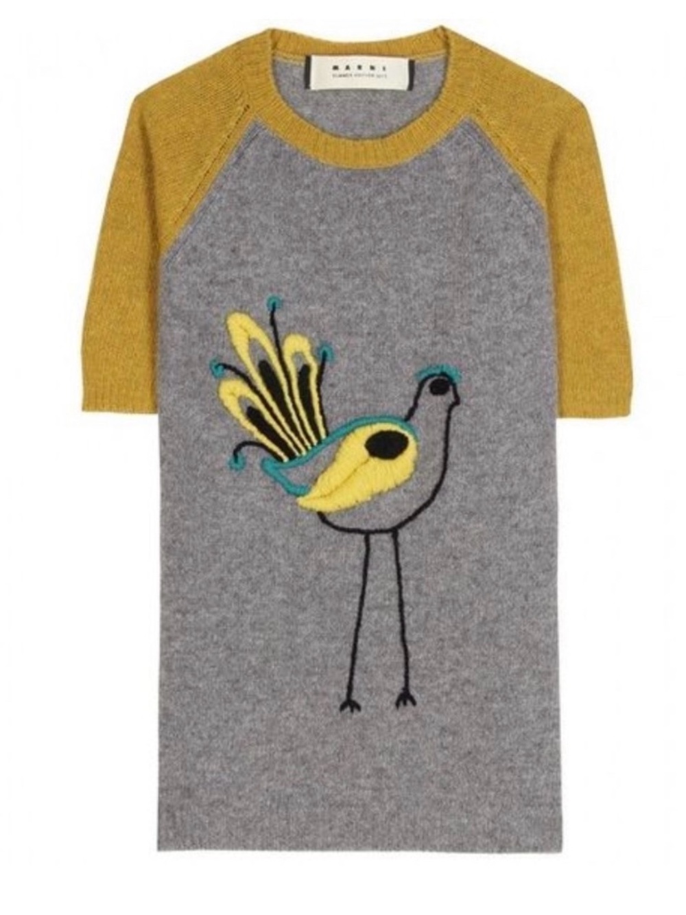 Marni Italian Wool & Cashmere Grey & Mustard Bird Sweater — Size S